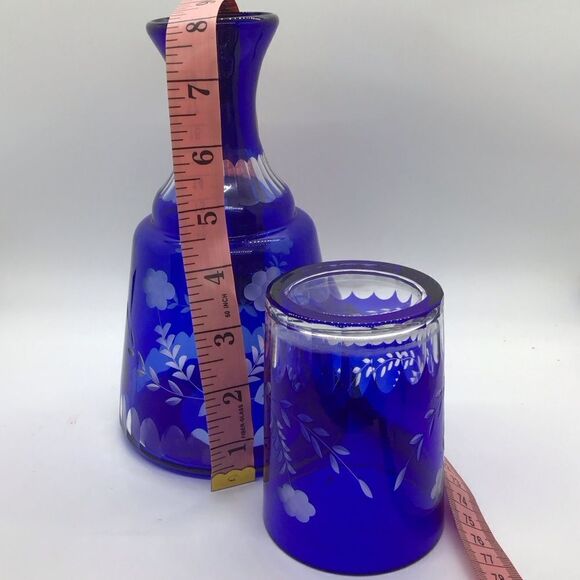 Czech Cobalt Glass Cut to Clear Bedside Carafe - Picture 3 of 8